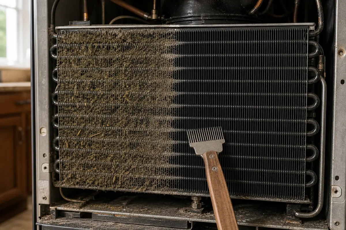 Condenser fan and coil pulled into the light on a vintage Sub-Zero at the Ortega bench during a noise diagnosis