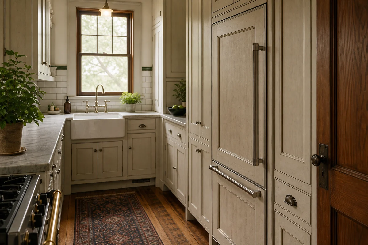 Panel-front Sub-Zero built-in sitting flush with original 1920s cabinetry in an Ortega galley kitchen