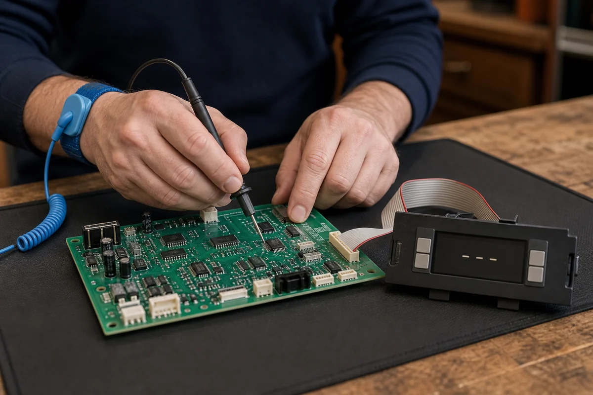 Control board and temperature display from a Sub-Zero 600 series unit on the shop workbench