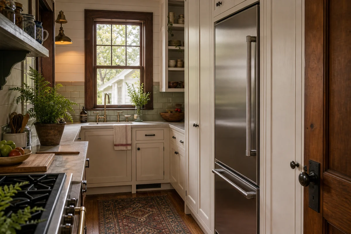 Sub-Zero built-in fitted into the tight galley kitchen of a restored Riverside bungalow in Jacksonville